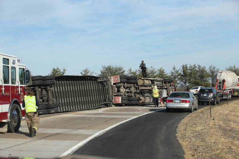 La Salle firefighters and EMS work the scene of a semi rollover on the west on ramp to Interstate 39 on Friday, Dec. 2, 2022 near La Salle. La Salle and Utica fire and EMS were dispatched to the scene. The incident happened shortly before 9:30a.m.