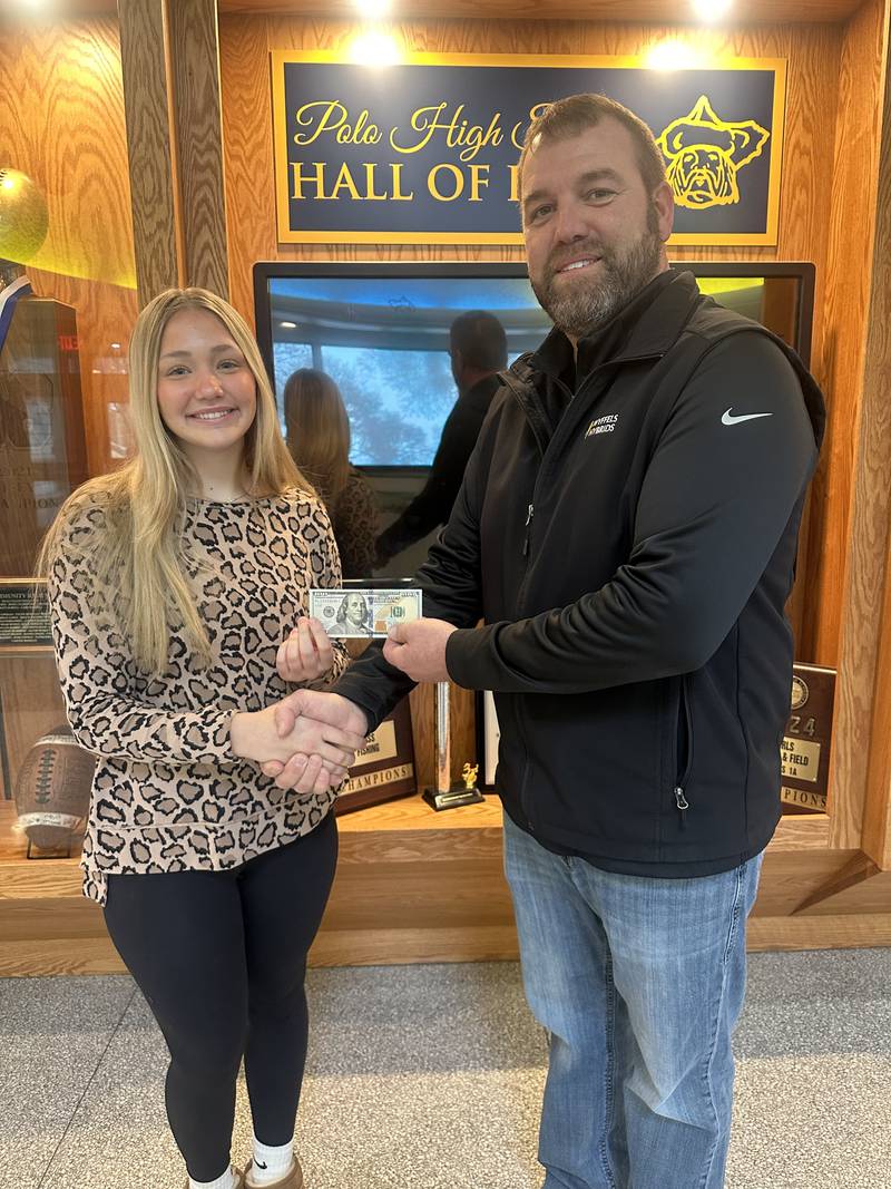 Jocelyn Bogatitus was recently named the November Student of the Month at Polo Community High School. Bogatitus (left) is pictured with Polo Schools Foundation Board Member Steve Sheaffer.