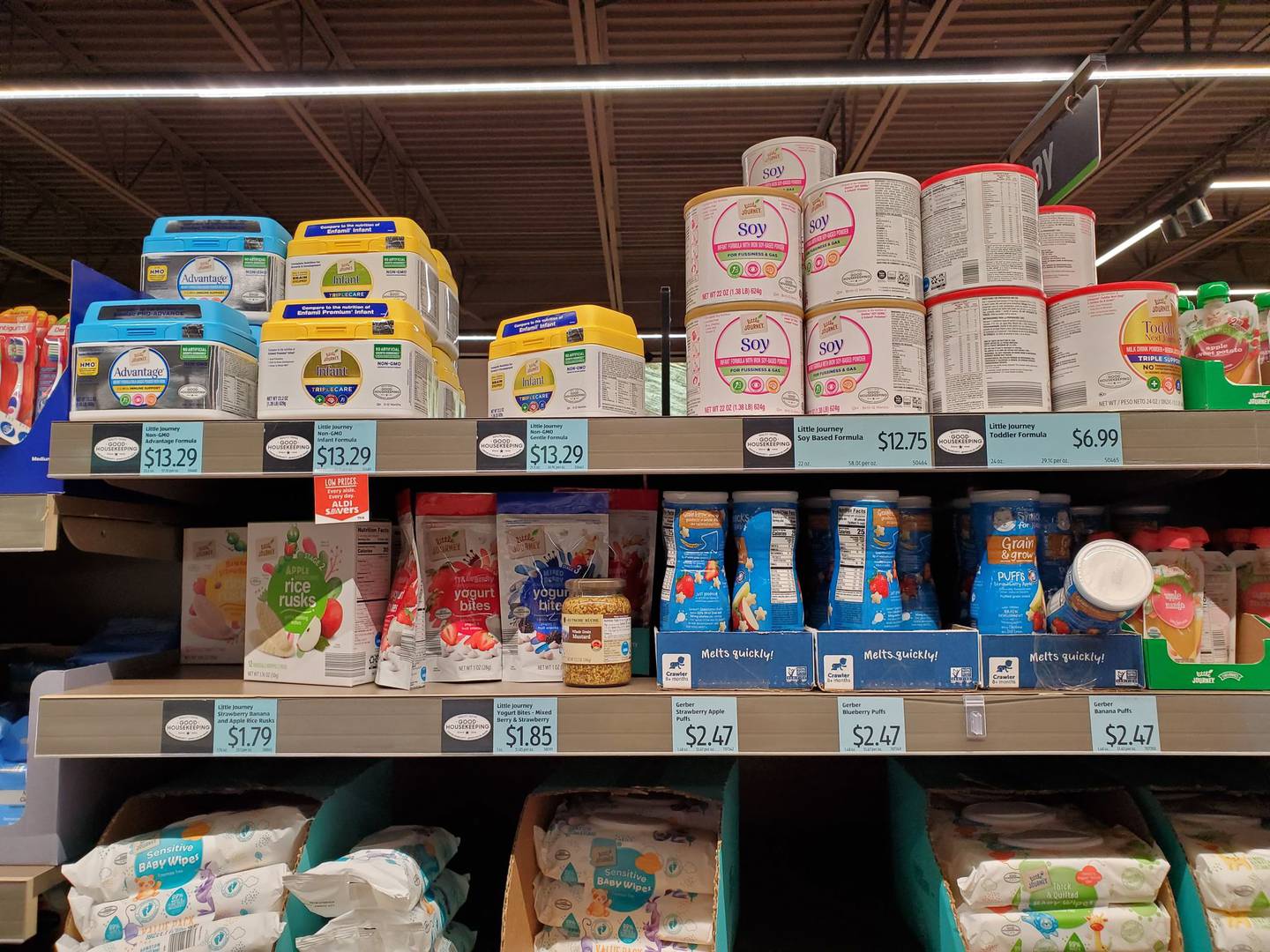 A small selection of infant formula is seen on the shelves of ALDI on Jefferson St. in Joliet on Thursday, May 14, 2022. Supply chain issues and a formula recall by Abbott in February have led to formula shortages across the U.S.