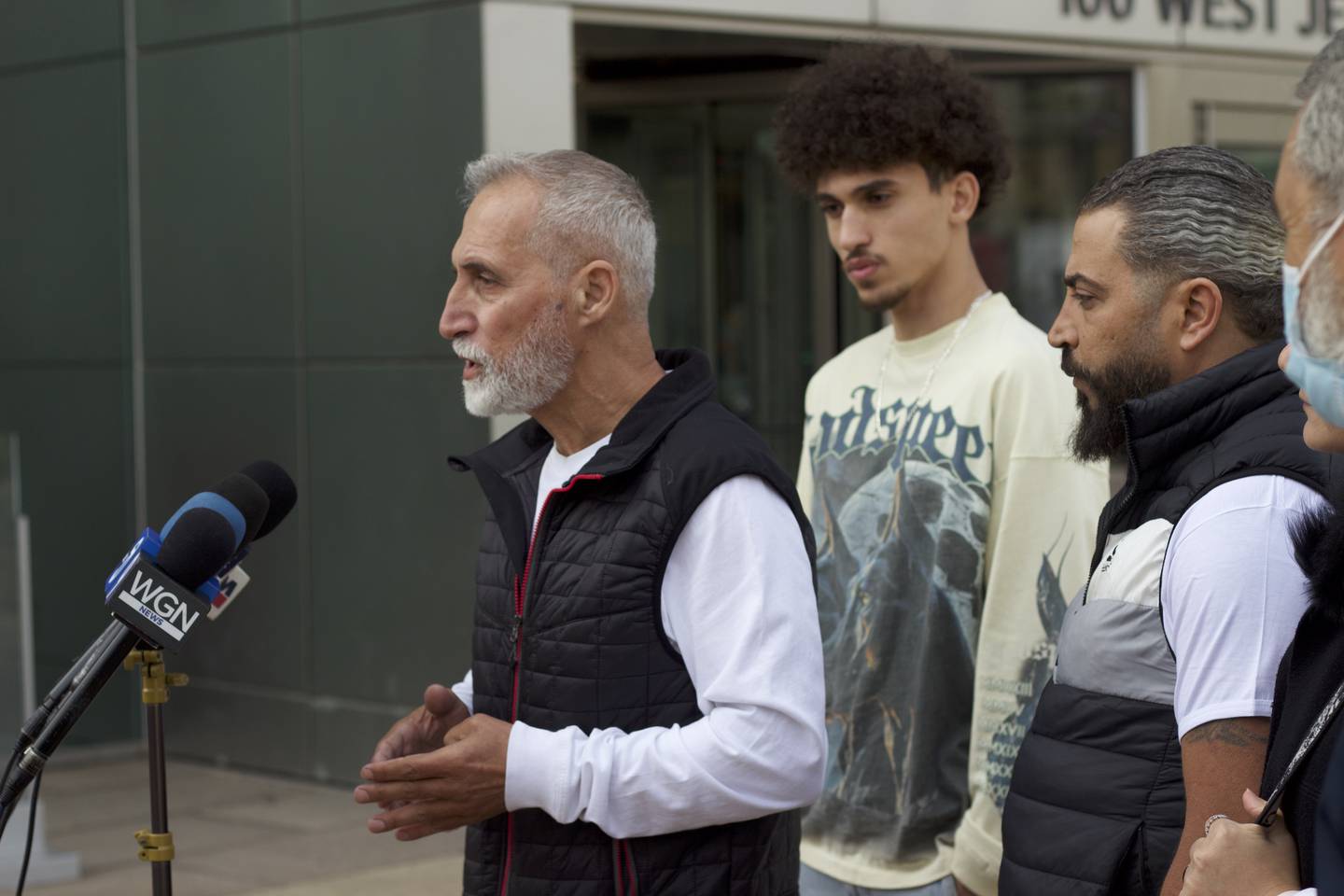 Mahmoud Yousef, the uncle of Odai Alfayoumi, the father of Wadee Alfayoumi, 6, speaks to reporters outside the Will County Courthouse in Joliet following the sentencing on Friday, May 2, 2025, of Joseph Czuba, 73, of Plainfield Township, who was convicted of the 2023 hate crime murder of Wadee and the attempted murder of the child’s mother, Hanan Shaheen. Will County Judge Amy Bertani-Tomczak sentenced Czuba to 53 years in prison.