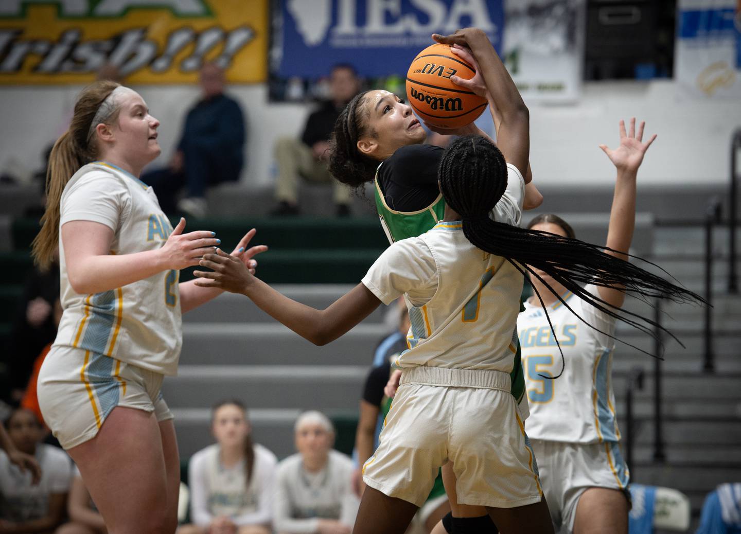 Bishop McNamara's Jaide Burse, center, tries to get a shot off as Joliet Catholic's Makenzie Keltz guards during the Class 2A Regional Championship on Thursday, Feb. 19, 2026.