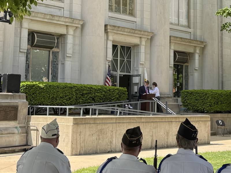 American Legion Ken Buck addresses the crowd during the Memorial Day Celebration on Monday, May 27, 2025.