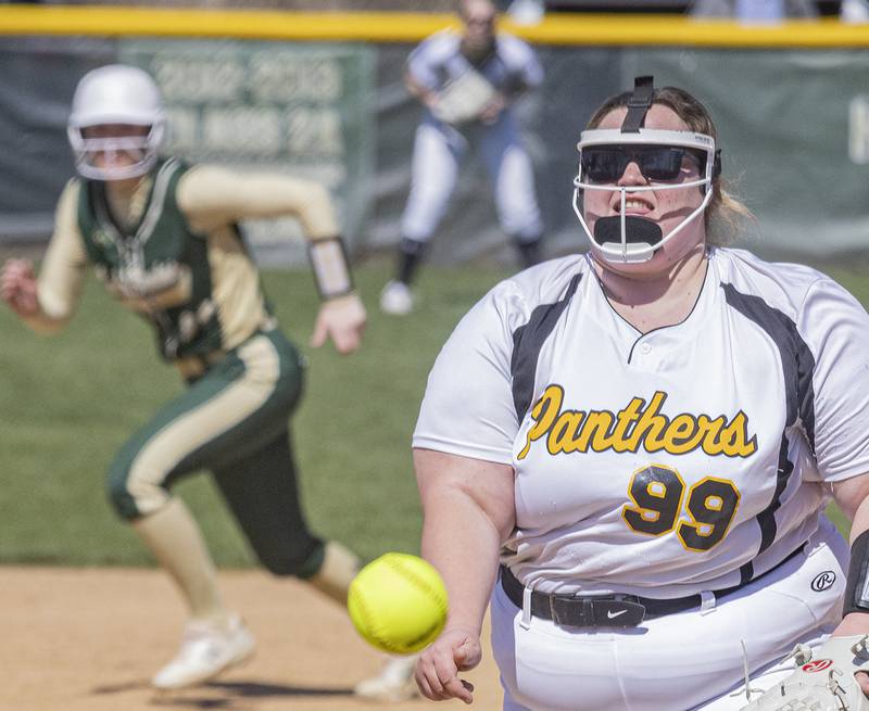Putnam County's Kara Staley delivers a pitch during the game against St. Bede on April 8, 2023 at St. Bede Academy.