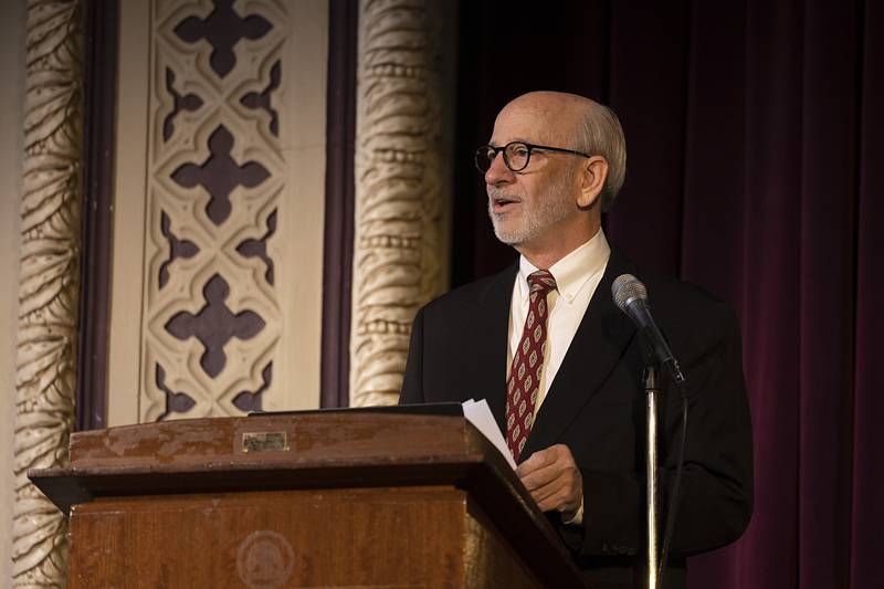 Pronouncer Tom Wadsworth introduces the contestants Thursday, Feb. 19, 2026, during the Lee-Ogle-Whiteside County Regional Spelling Bee.