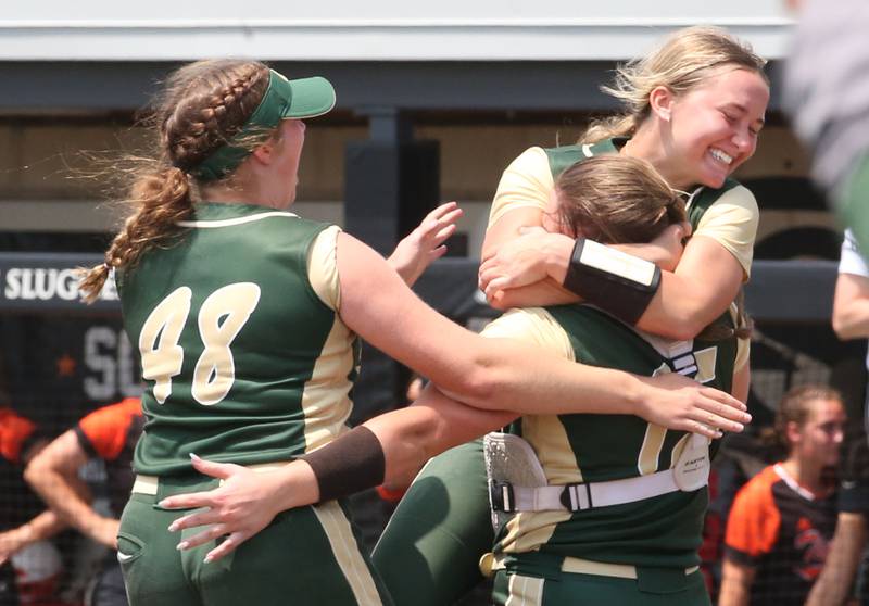 St. Bede players Reagan Stoudt, catcher Bella Pinter and pitcher Ella Hermes react after winning the Class 1A State championship over Illini Bluffs on Saturday, June 3, 2023 at the Louisville Slugger Sports Complex in Peoria.