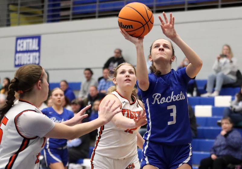 Burlington Central’s Julia Scheuer heads for the hoop against Crystal Lake Central in IHSA Class 3A Regional Title Game girls basketball action on Thursday, Feb. 20, 2025, at  Central High School in Burlington.