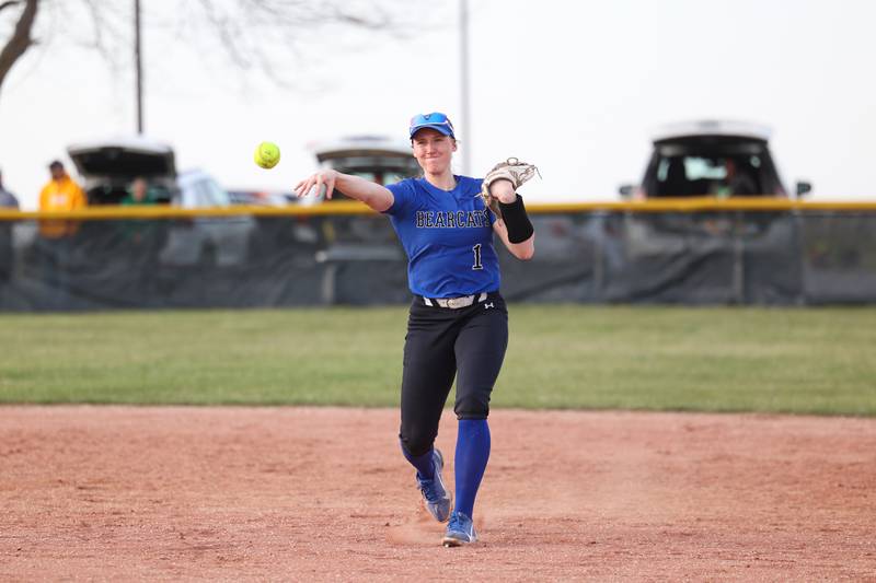 Milford/Cissna Park's Addison Lucht throws to first base during Grant Park's 12-2 victory in six innings on Wednesday, March 25, 2026.