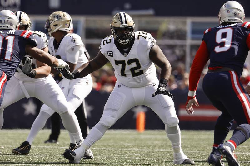 New Orleans Saints offensive tackle Terron Armstead looks to block against the New England Patriots on Sept. 26, 2021 in Foxborough, Mass.