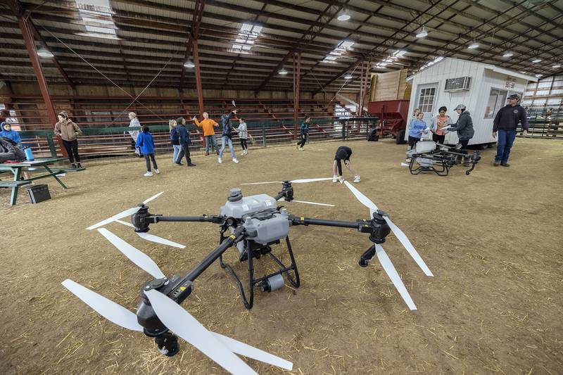 A giant drone sits on display Friday, April 25, 2025, at Ag Expo. Brought in by Cole Kellen, the machine is used to spray fields or deliver dry payloads.