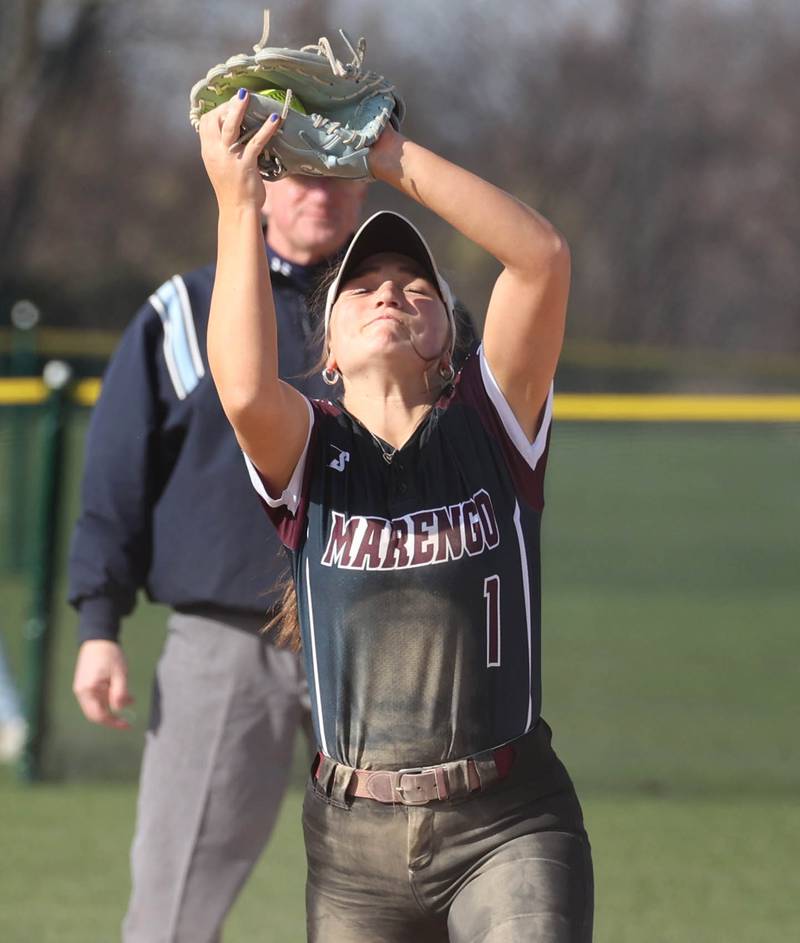 Marengo's Gabby Christopher catches a popup in the infield Friday, April 11, 2025, during their game at Sycamore High School.
