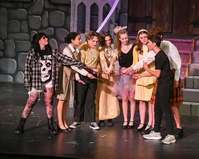 All the wizard students at wizard school during the production of Puffs come together during the play on Saturday Nov. 23, 2024, held at Downers Grove North’s High School auditorium.