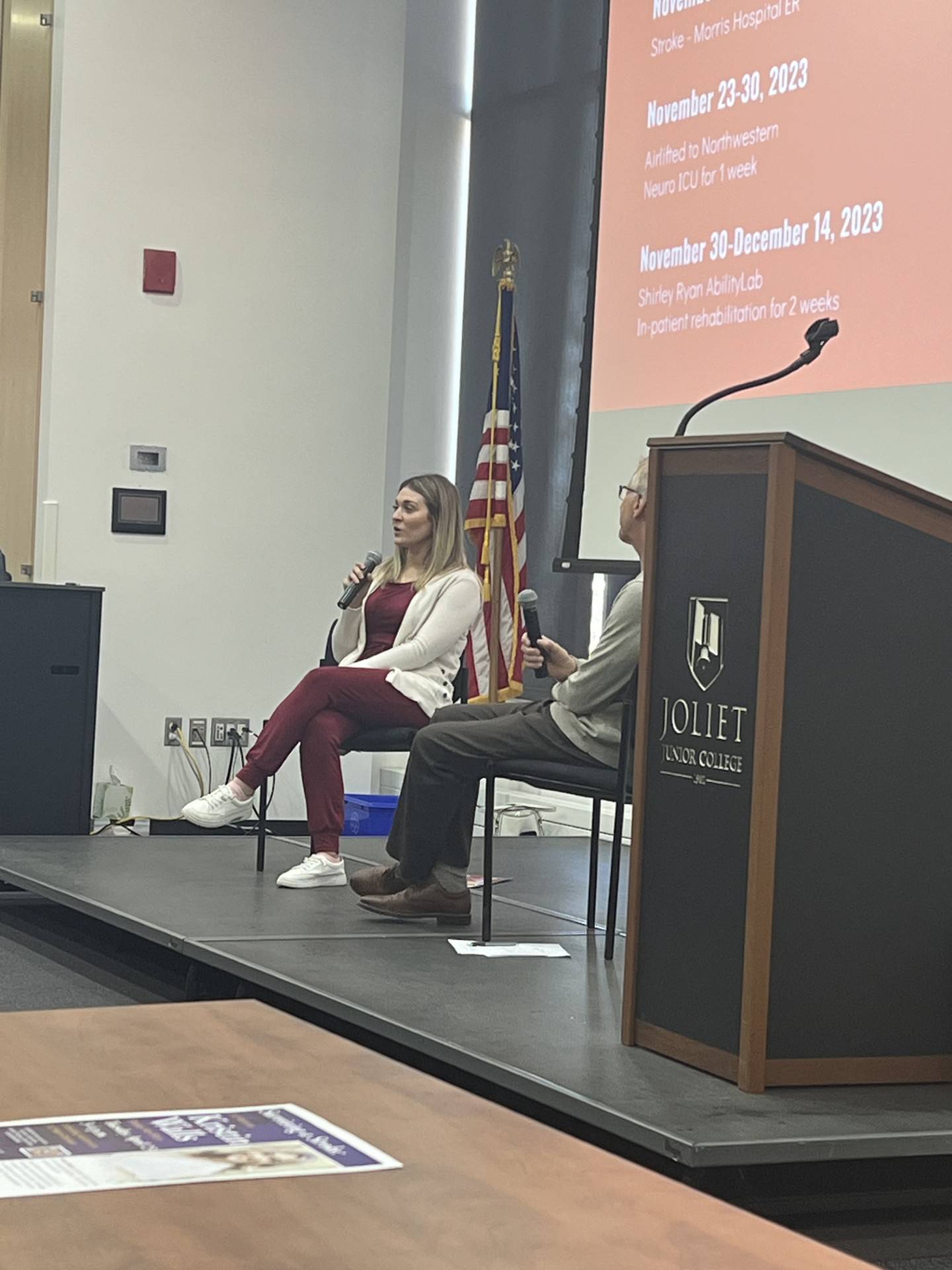 Kristin Walls, 30, of Morris had a vertebral artery dissection on Thanksgiving Day. She discussed her experiences on April 23 at Joliet Junior College – where Walls is an alumnus – in honor of is American Stroke Awareness Month, Women’s Health Month and Mother’s Day. Walls was also a a second grade teacher at Jones Elementary School in Minooka before her stroke and hopes to return to work in the fall.