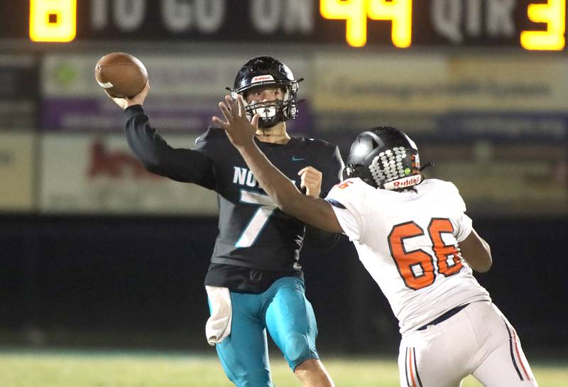 Woodstock North’s Parker Halihan passes against Freeport in first-round IHSA Playoff football action on Saturday, Nov. 2, 2024 at Woodstock North High School in Woodstock.