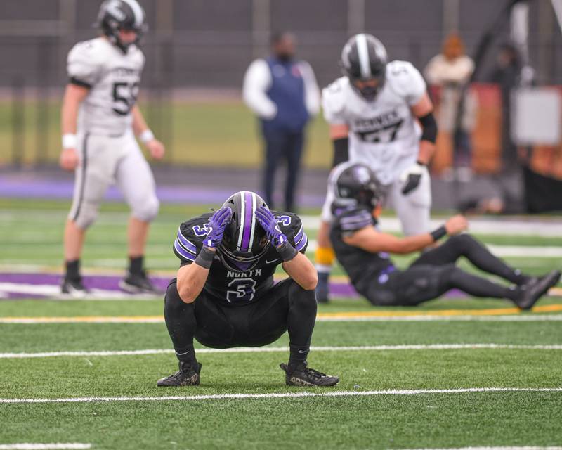 Downers Grove North's Ethan Kist (3) reacts after almost getting an interception during the second week class 3A game on Saturday Nov. 9, 2024, while traveling to take on Fenwick High School held at Downers Grove North High School.