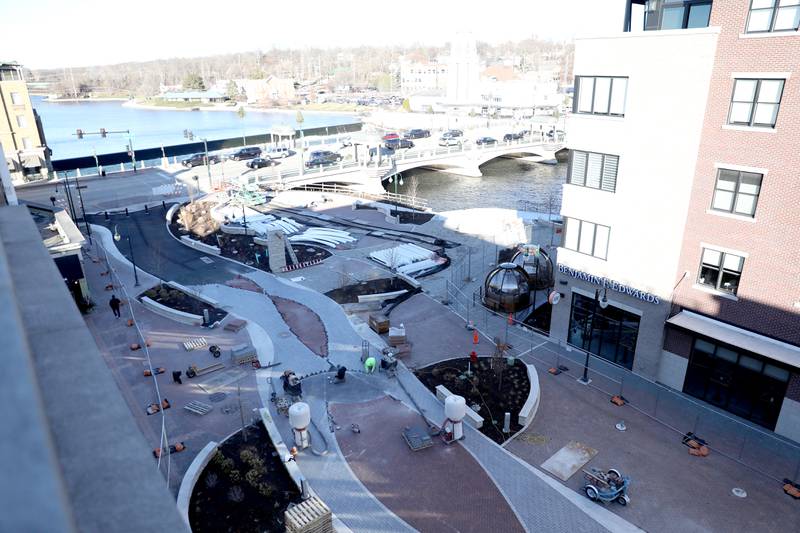 Construction on the 1st Street Plaza Expansion project in St. Charles at southeast corner of Main Street & 1st Street nears completion.