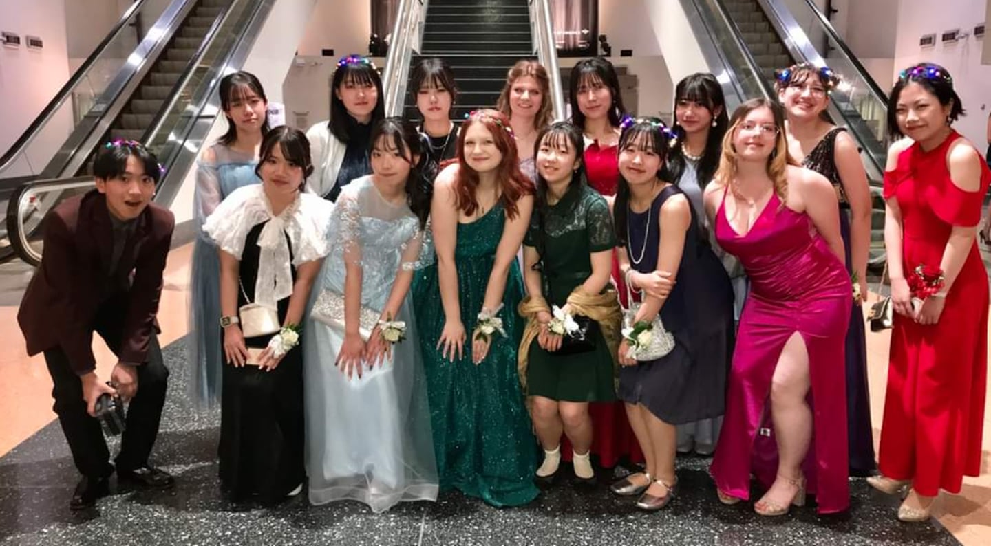 Students from Yamate Gakuin school in Japan dressed for prom at Lockport Township High School in April 2024.