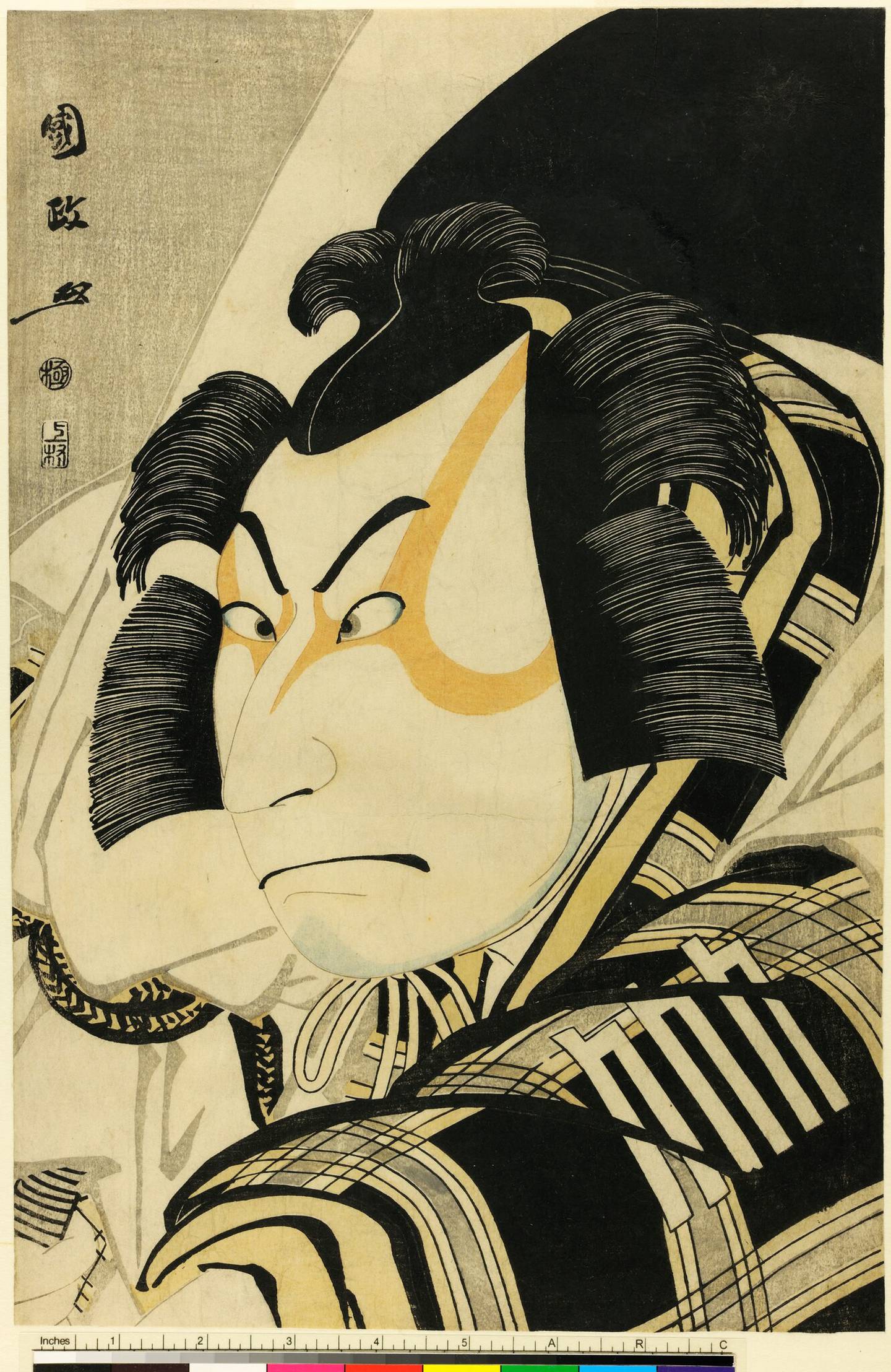 Utagawa Kunimasa: The Actor Nakamura Nakazō II as Matsuōmaru in the wagon-stopping scene from the drama “Sugawara Denju Tenarai Kagami;” Woodblock print (nishiki-e); ink and
color on paper; vertical ōban,1796.