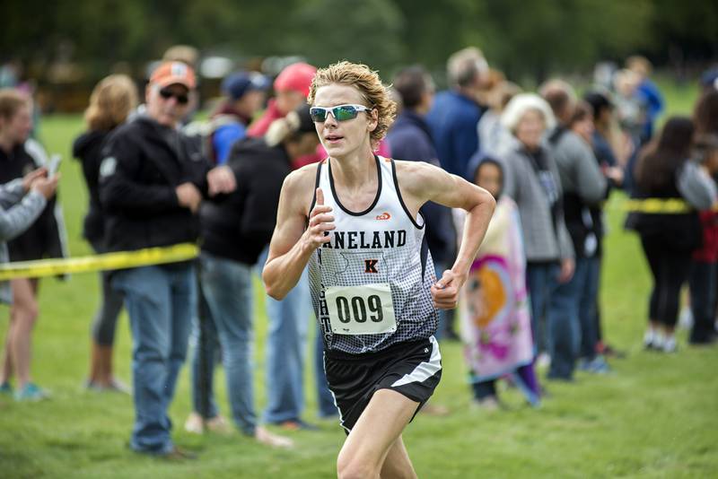 Kaneland’s Evan Nosek takes the win during the Rock River Run at Woodlawn School in Sterling, Saturday, Sept. 24, 2022.