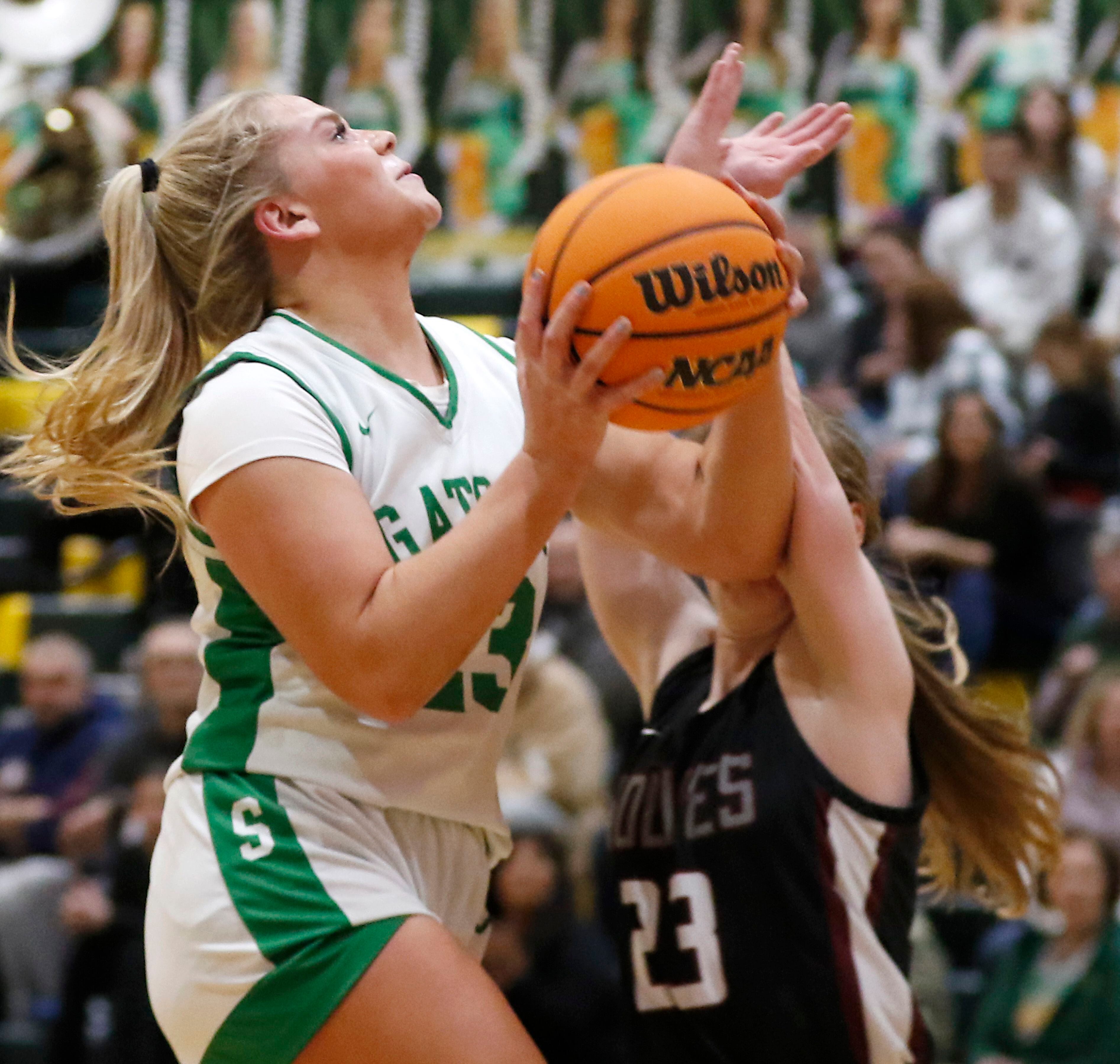 Crystal Lake South's Laken Lepage is fouled by Prairie Ridge's Bella Militello as she drives to the basket during a game last season at Crystal Lake South High School.