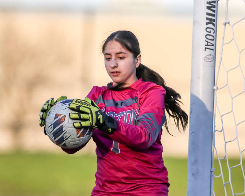 Morton's Yaritza Padilla (1) makes a save during soccer match between Morton at Willowbrook.  April 15, 2024.