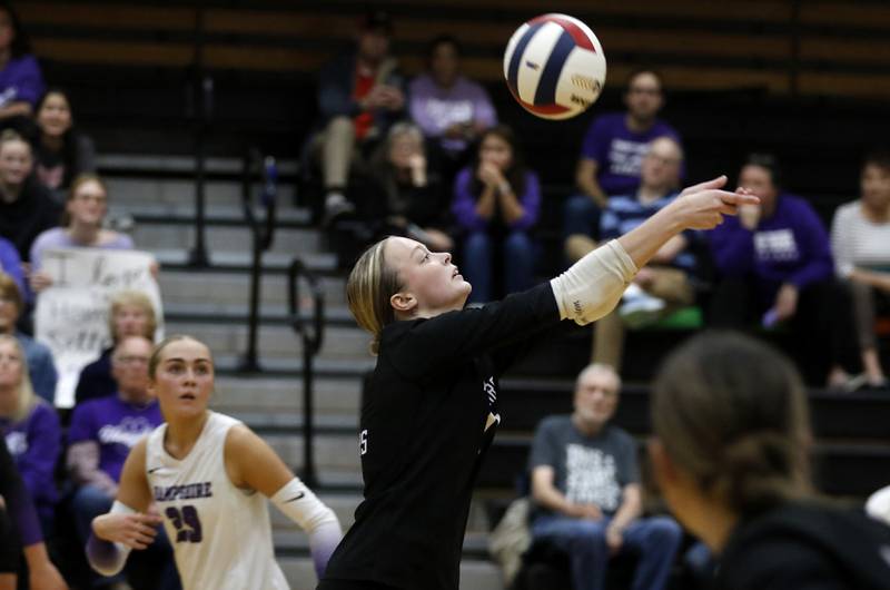 Hampshire's Jorah Rutter hits the ball during an IHSA Class 4A McHenry Sectional volleyball match against Libertyville on Tuesday, Nov. 5, 2024, at McHenry High School Freshman Campus.
