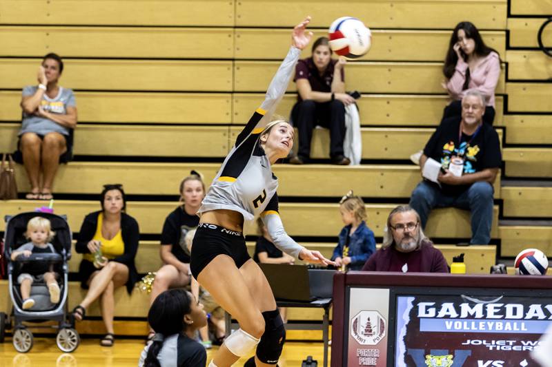 Joliet West's Lexie Grevengoed goes for a kill during a varsity volleyball away game against Lockport on Sept. 17, 2025.