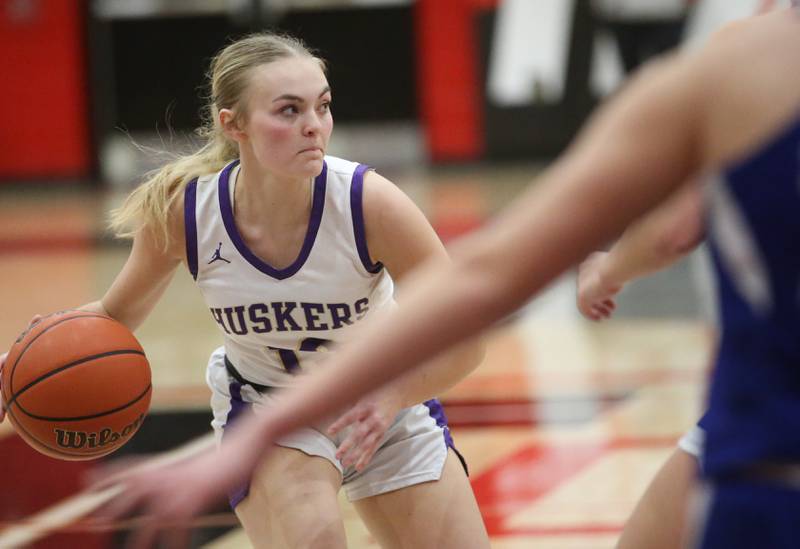 Serena's Bryney Glade looks to pass the ball against Hinckley-Big Rock during the Little Ten Conference championship game on Friday, Jan. 24, 2025 at Earlville High School.