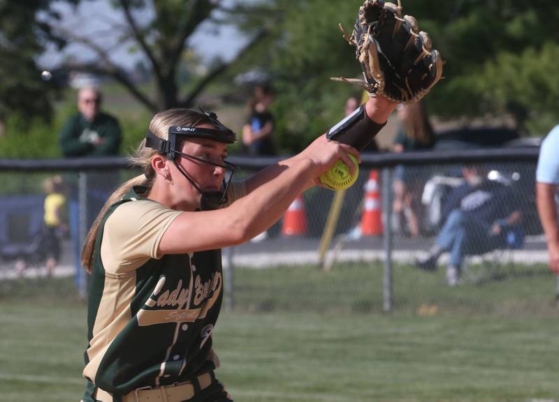 St. Bede's Ella Hermes delivers a pitch to Biggsville in the Class 3A Sectional championship game on Friday, May 26, 2023 at St. Bede Academy.