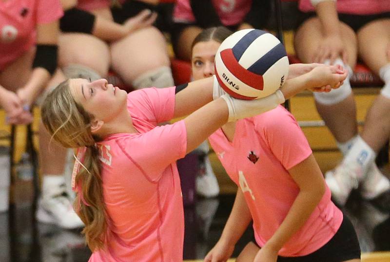 Hall's Mia Wenzel returns a serve from Princeton on Thursday, Oct. 9, 2025 at Hall High School.