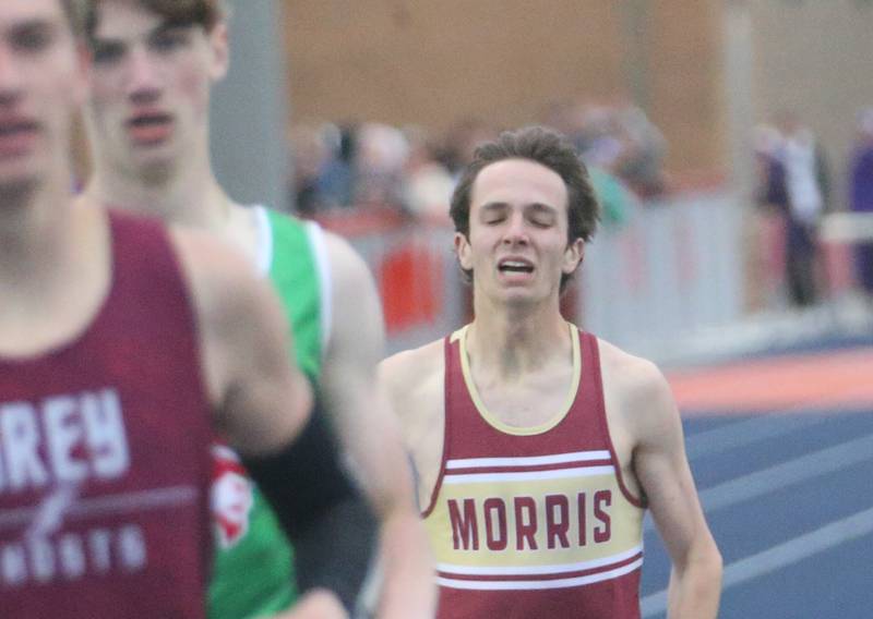 Morris's Brodie Peterson competes in the 800 meter run during the Class 2A Sectional meet on Wednesday, May 21, 2025 at Pontiac High School.