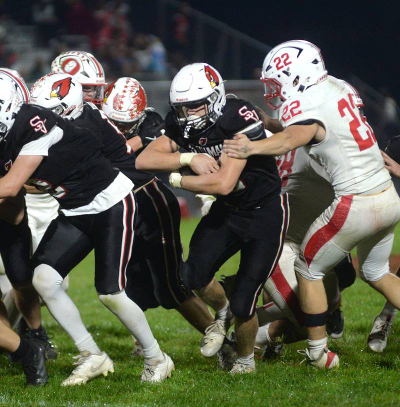 Stillman Valley's Ethan Waugh (46) runs for a gain against Oregon on Friday, Oct. 10, 2025.