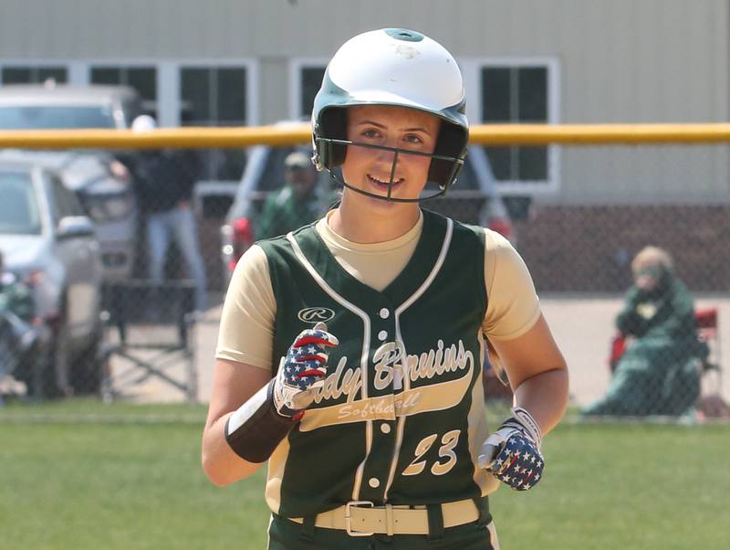 St. Bede's Addison Bontz smiles after getting a hit against Annawan/Wethersfield in the Class 1A Regional final game on Saturday, May 20, 2023 in Annawan.