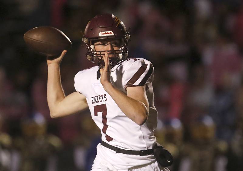 Richmond-Burton's JT Groh throws a pass during a Kishwaukee River Conference football game against Johnsburg on Friday, Oct.6, 2023, at Johnsburg High School.