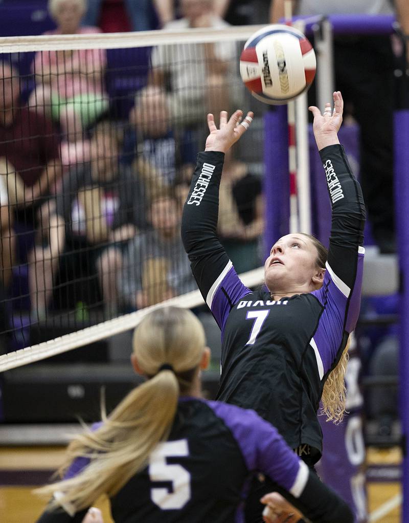 Dixon’s Presley Lappin sets the ball against Rock Falls Thursday, Sept. 18, 2025.