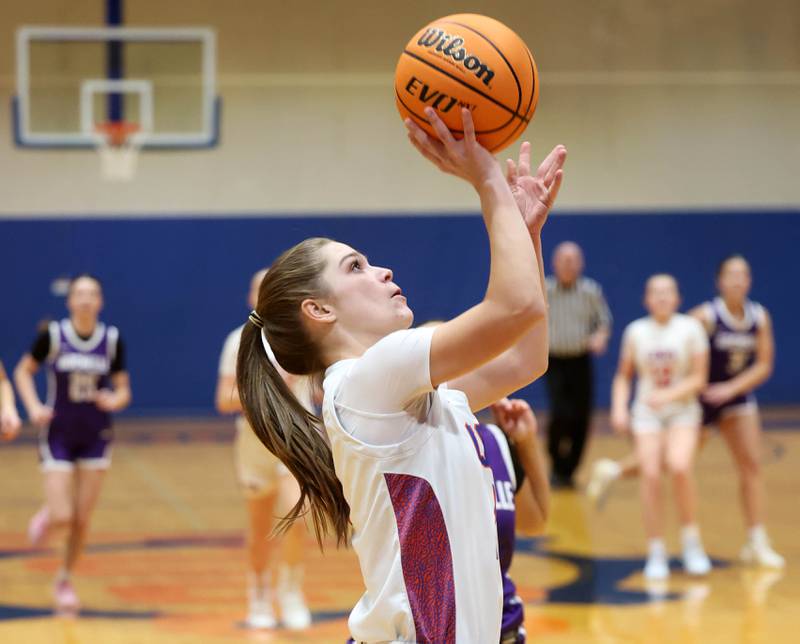 Genoa-Kingston's Sydney Hansen gets a layup after getting behind the Rochelle defense during their game Monday, Dec. 16, 2024, at Genoa-Kingston High School.