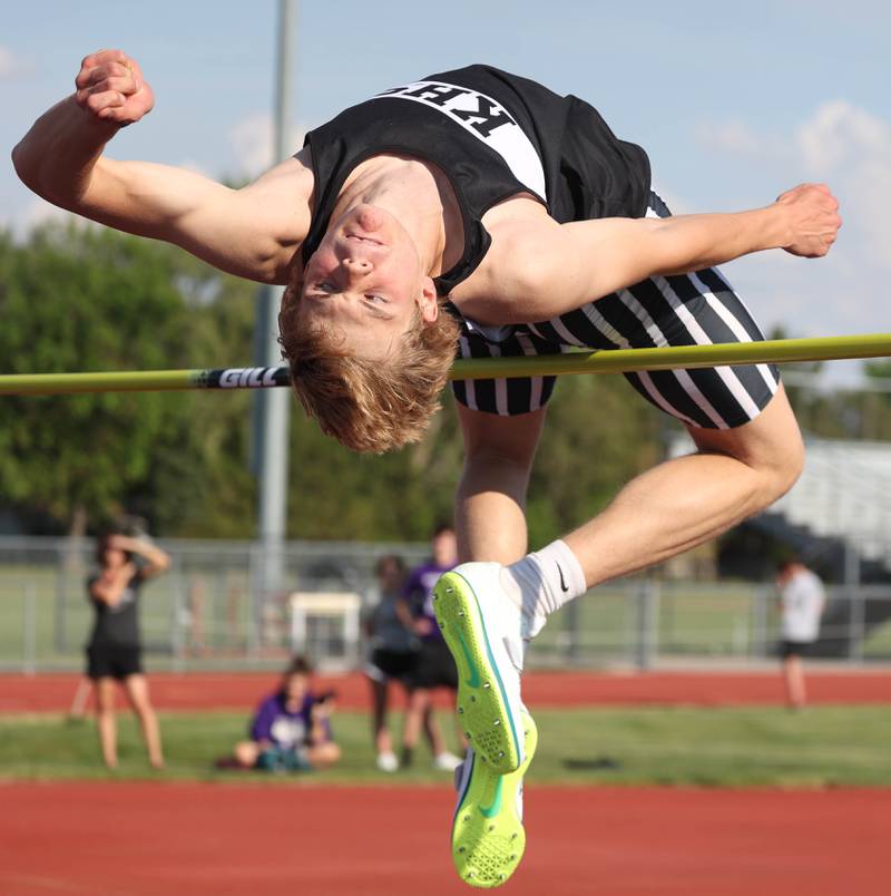 Kaneland’s Evan Olp tries to clear the bar in the high jump Tuesday, May 13, 2025, during the Interstate 8 Conference boys track championships at Rochelle High School.