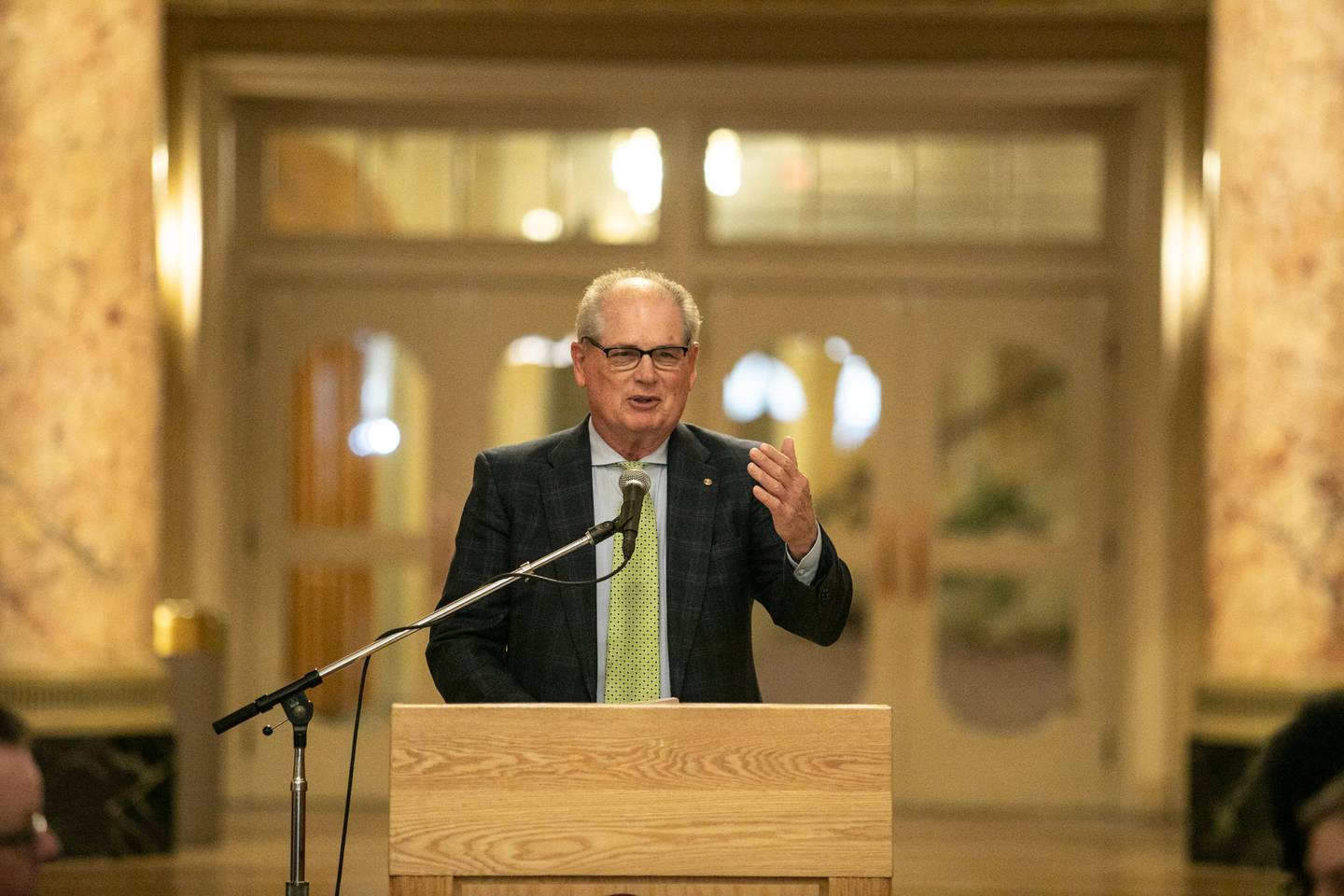 Robert Filotto speaks at a press conference to announce the Rialto Square Theater will be getting a five-million dollar grant, March 18, 2022.
