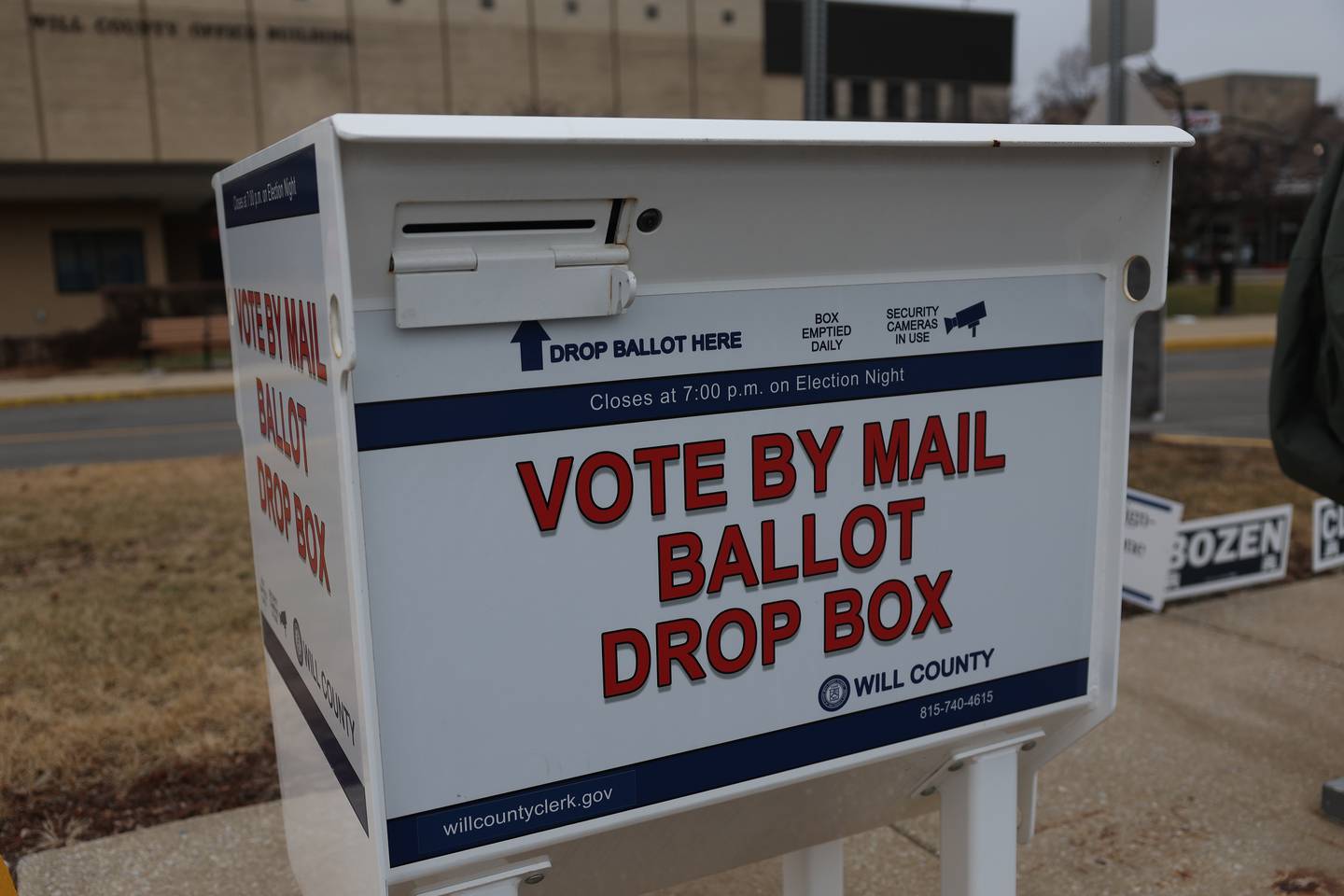 A Vote by Mail ballot drop box sits outside the Will County Office Building on Monday, Feb. 3, 2025 in Joliet.