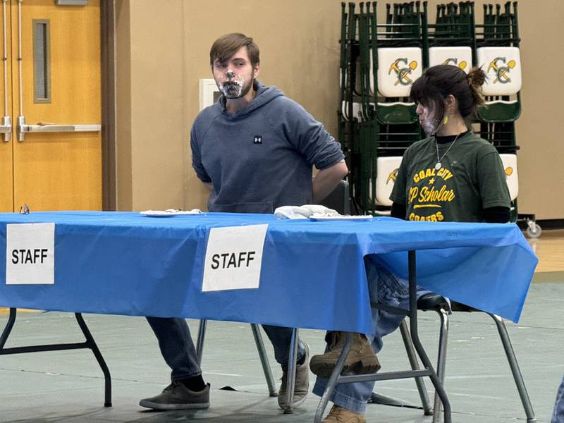 Mr. Hittle looks on after finishing his pie during the pie eating contest during the FFA Week kickoff on Monday, Feb. 23, 2026.