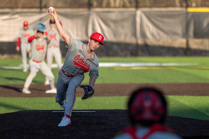 Lucas Farabaugh of Ottawa pitches on Monday, March 17, 2025 at Seneca High School in Seneca.