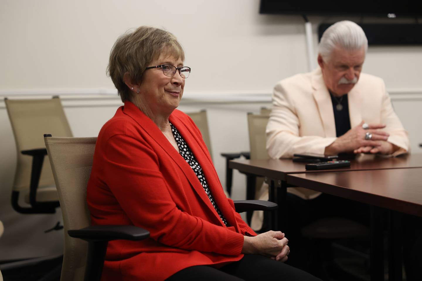 Kelly Sullivan, recently retired Will County State's Attorney's Office Victim Witness Advocate, sits with Will County State’s Attorney Jim Glasgow on Tuesday, June 13, 2023 in Joliet.