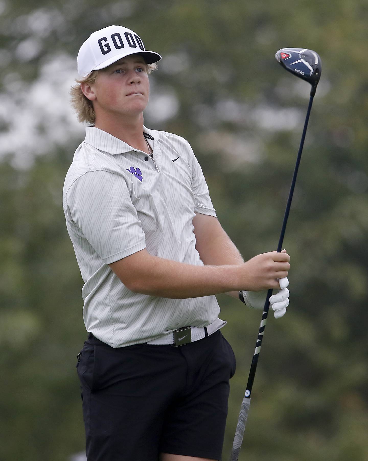Hampshire’s Tegan Van Wiel watches his tee shot in the fourth hole during the IHSA Class 3A Hampshire Regional golf tournament on Wednesday, Sept. 27, 2023, at Randall Oaks Golf Club in West Dundee.