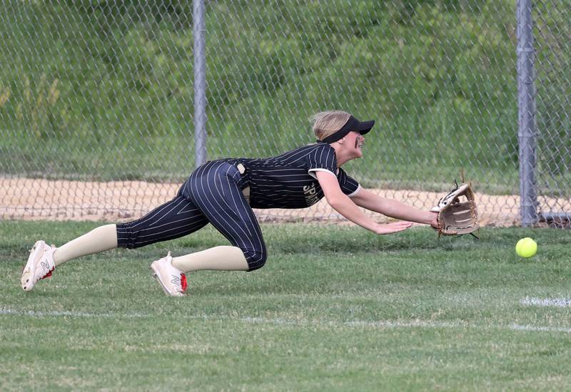 Sycamore's Faith Heil makes a diving attempt in right field Tuesday, June 3, 2025 during their Class 3A sectional semifinal game against Crystal Lake Central at Sycamore High School.