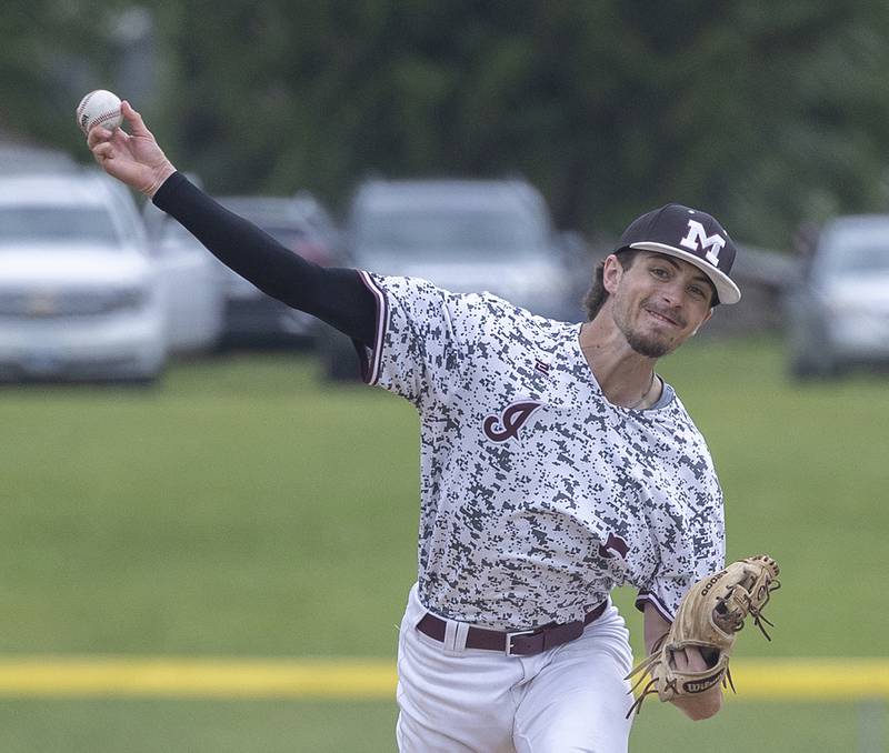 Marengo’s Michael Kirchoff fires a pitch against Newman Wednesday, May 28, 2025, in the Class 2A Sectional semifinal in Mendota.