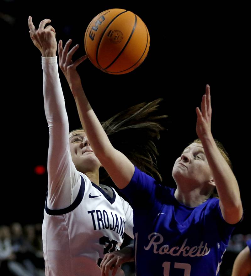 Cary-Grove's Malaina Kurth battles with Burlington Central's Maggie Shell for a rebound during a Fox Valley Conference basketball game  on Tuesday, Jan. 14, 2025, at Now Arena in Hoffman Estates.