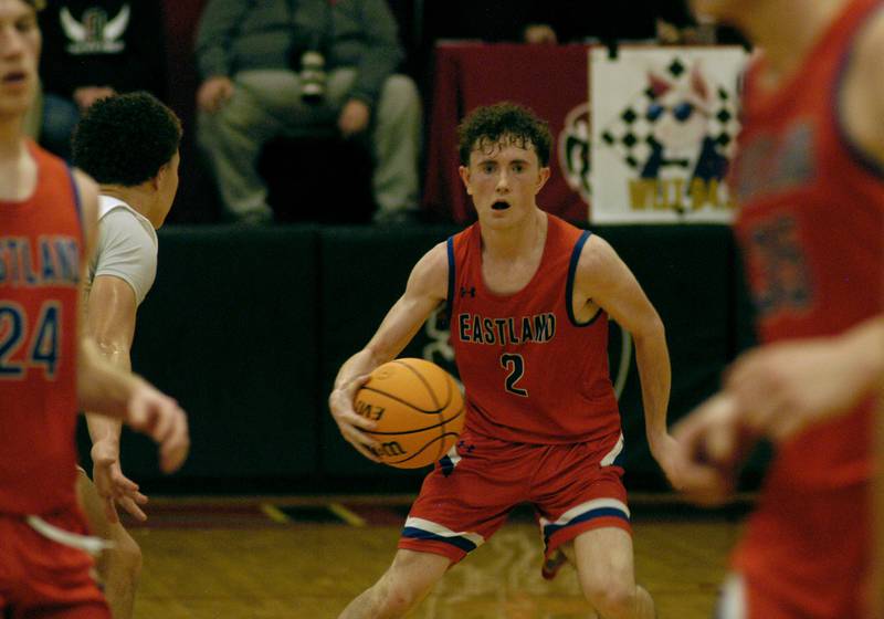 Eastland's Wyatt Carroll surveys the field. The Eastland Cougars faced the Pecatonica Indians in Friday’s Class 1A Orion Sectional final at Orion High School on March 6, 2026. Eastland won the game 48-41.