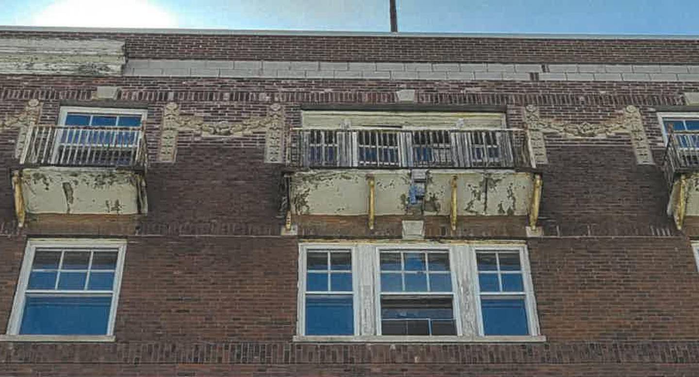 A photo taken during the Kaskaskia building inspection of the hotel east facing balconies with missing brackets on June 16, 2022.