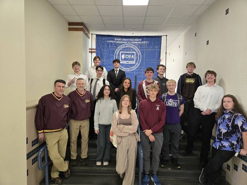 The IDEA state qualifying Lockport Township High School students pose with teachers Rodger Ebert and Jeff Brown at the state competition on April 12, 2025.