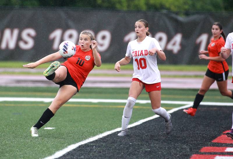 Crystal Lake Central’s Brooklynn Carlson gets a shot on goal during the Class 2A state championship game against Triad at North Central College in Naperville on Saturday, June 1, 2024.