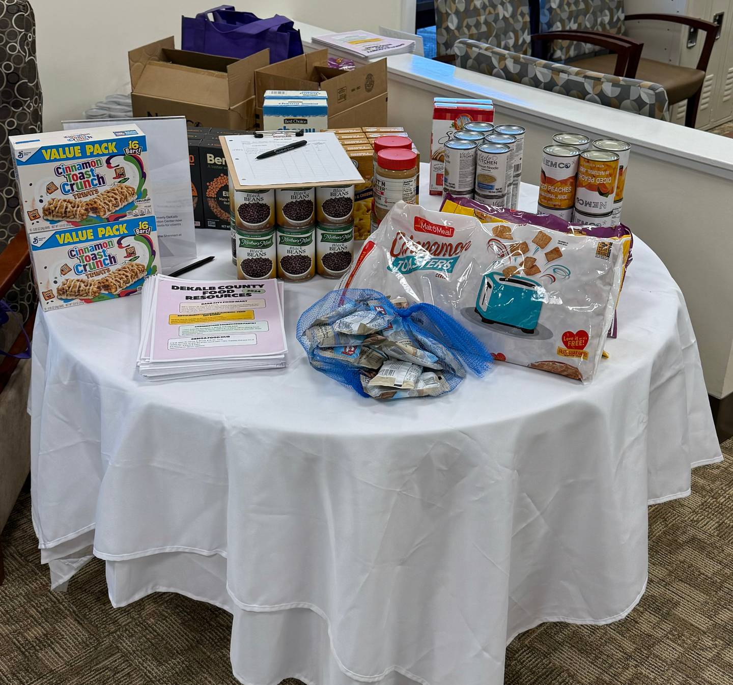 The Living Room at Ben Gordon Center food pantry table display